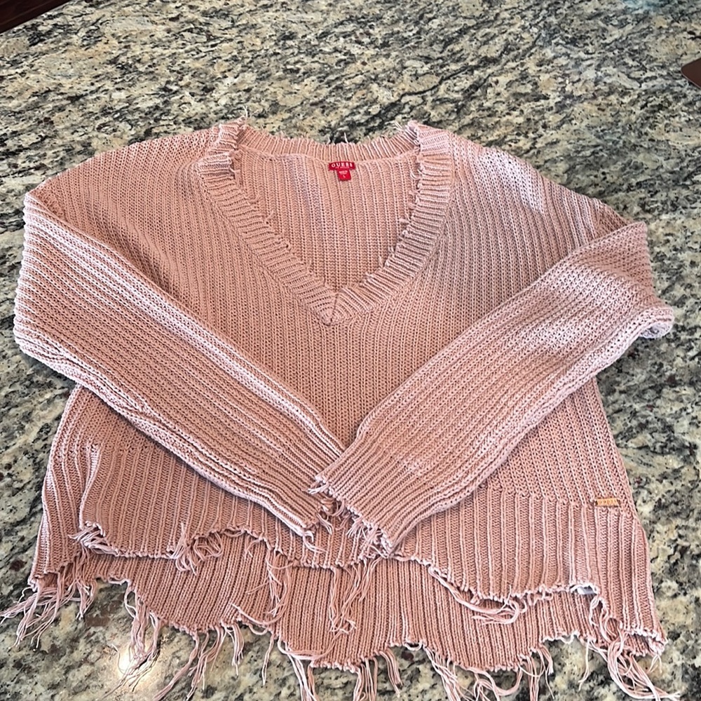Guess Women’s V Neck Sweater, Dusty Pink, Size Large